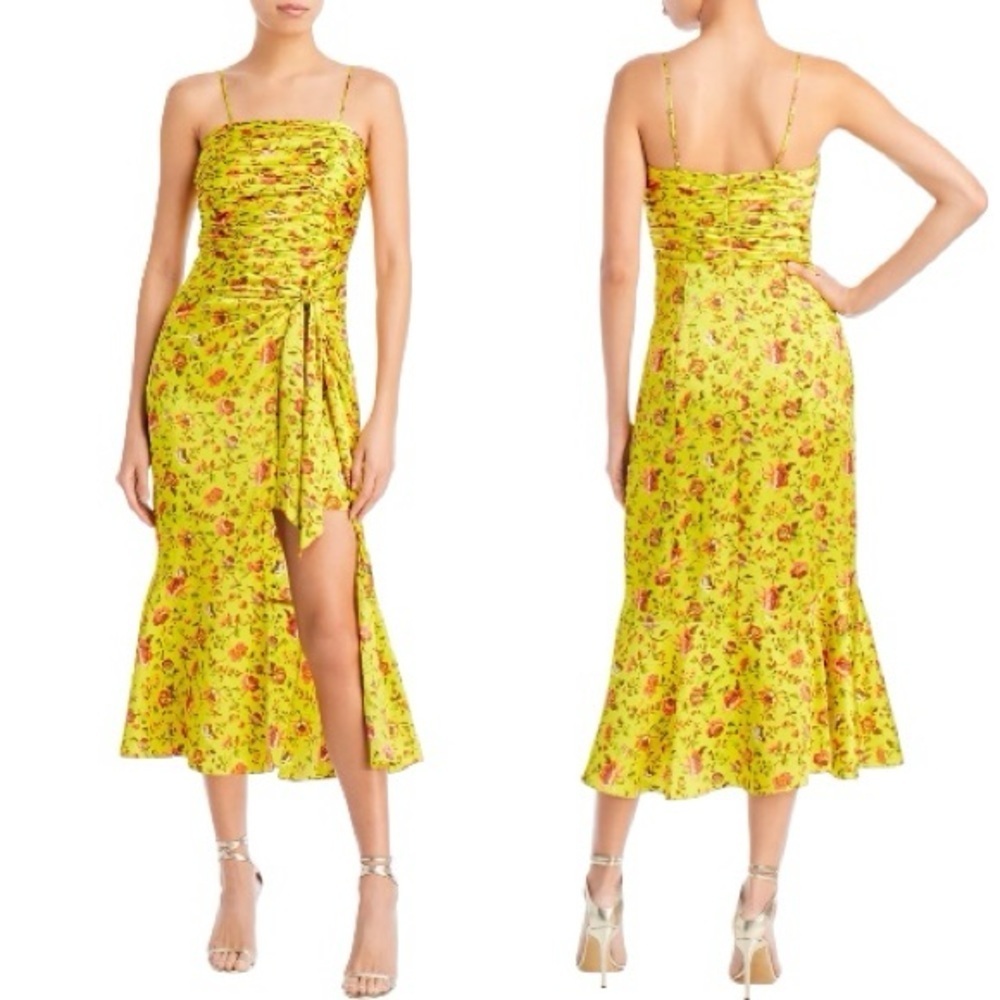 Cinq a Sept Katz Provence Dress 14 Yellow Floral Ruched Satin Midi Formal